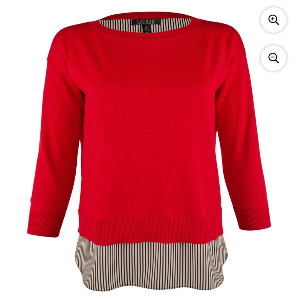 Lauren Ralph Lauren- 3/4 Sleeve Sweater w/Striped Shirting Hem, Red, Size L